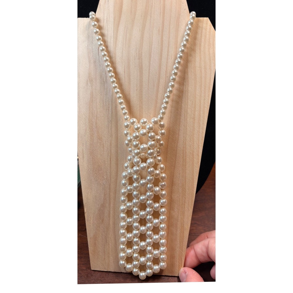 Faux Pearl Necktie Necklace Women Cream Good Woven Bib Statement